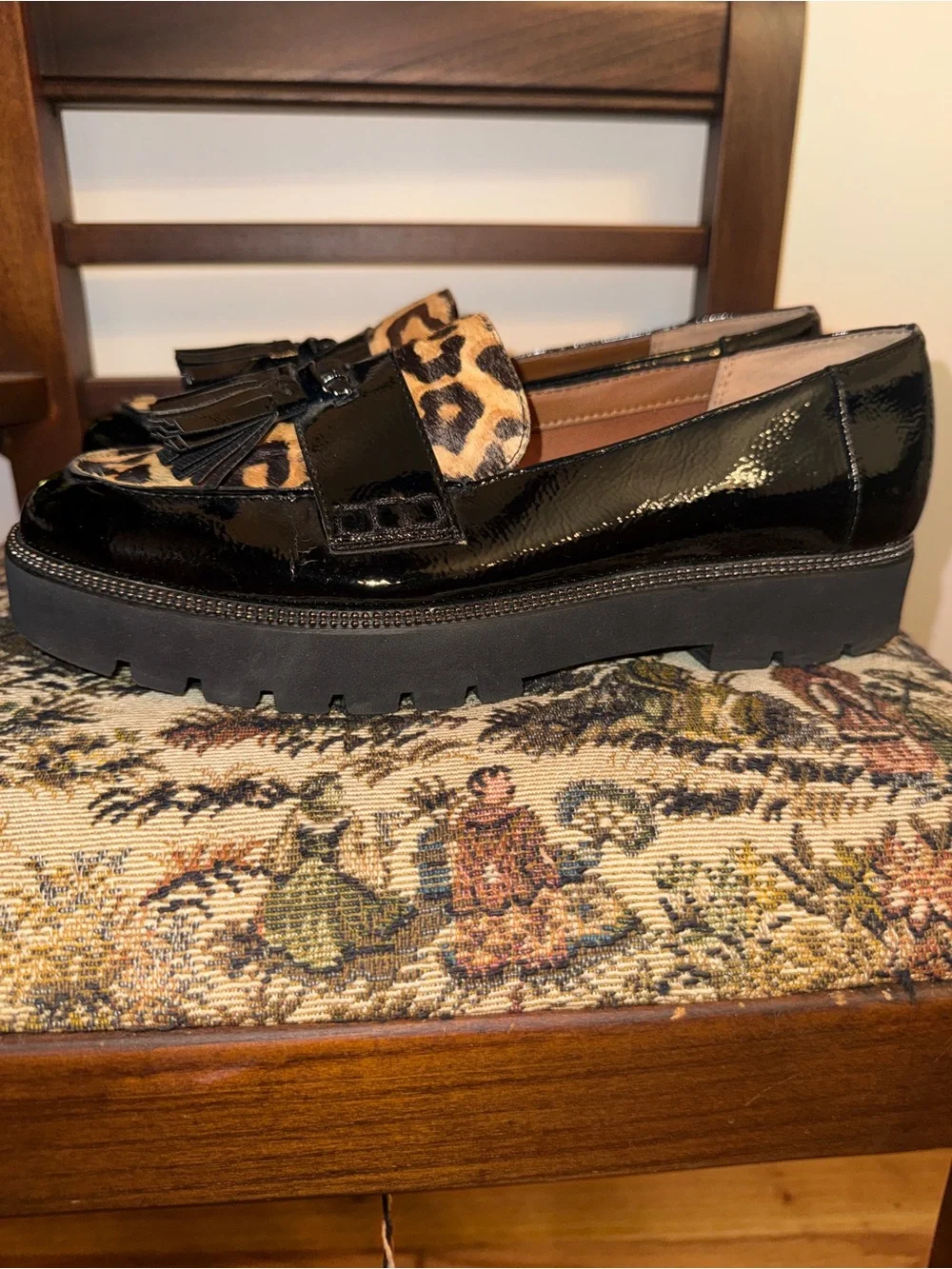 Franco Sarto Black Patent Leather Loafers with Leopard Print